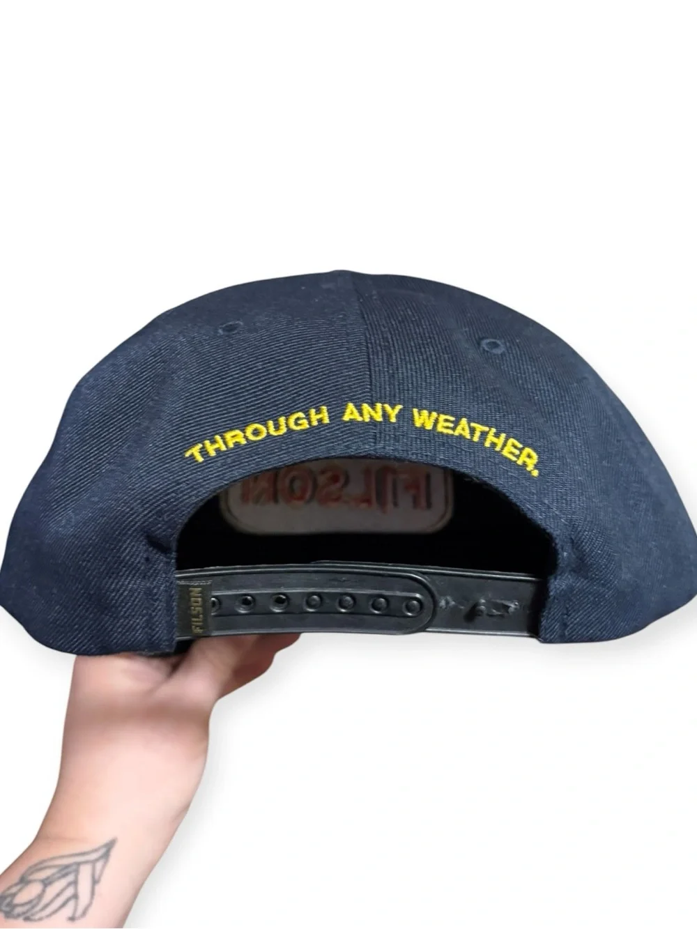 Filson Harvester SnapBack Cap Navy Blue Embroidered Patch EUC
